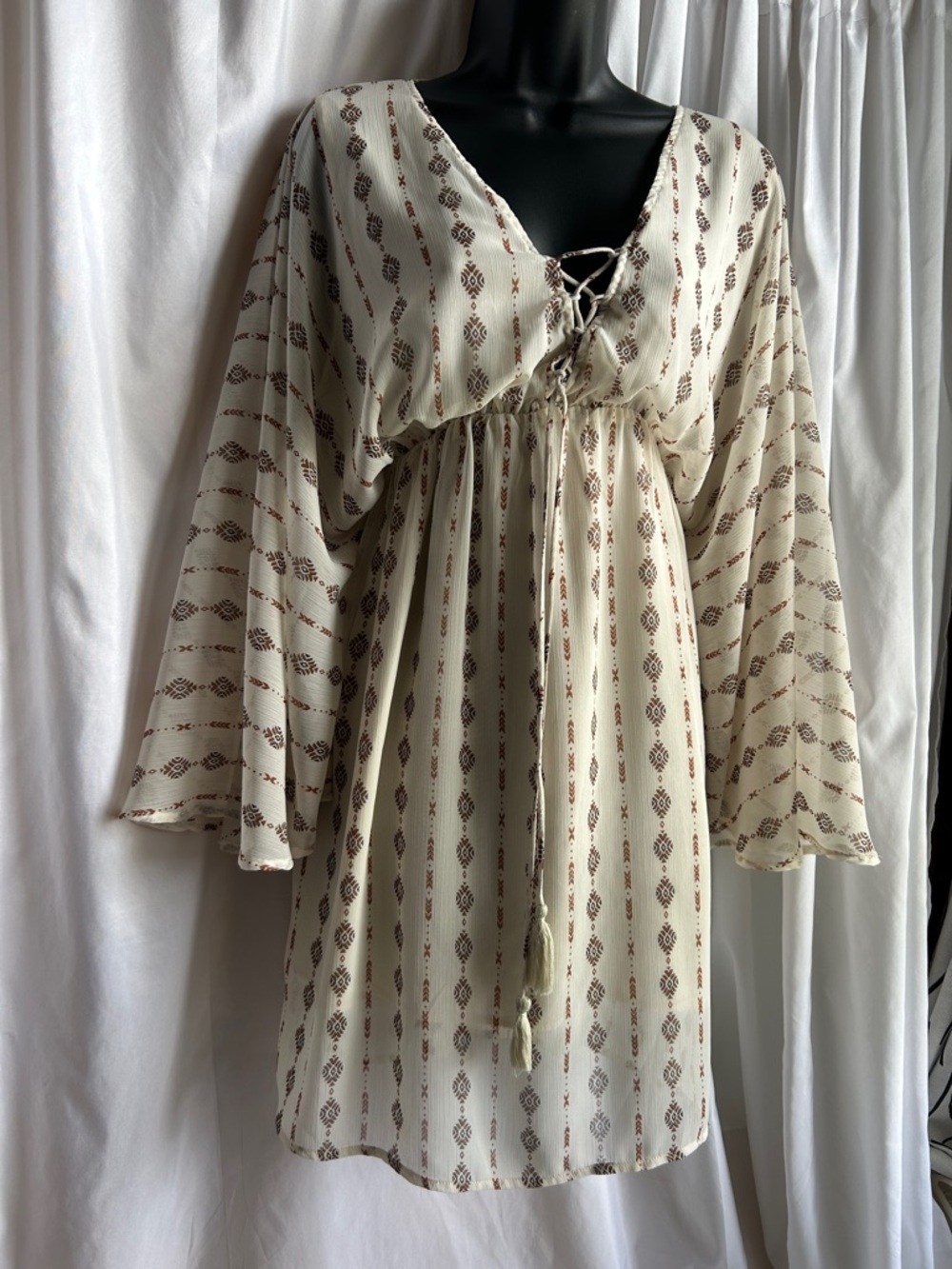 Miss Me Cream Mini Dress with Brown Striped Geo Print and Lace-Up Front
